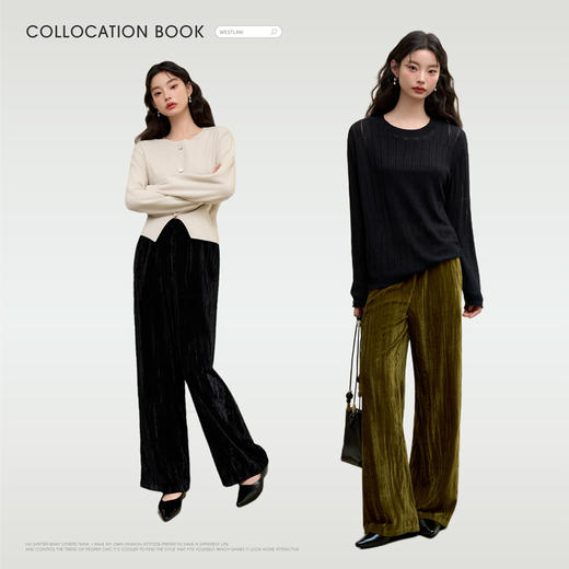 经典百搭简约丝绒直筒裤女秋冬松紧腰加厚保暖显瘦阔腿裤V3842948 商品图1