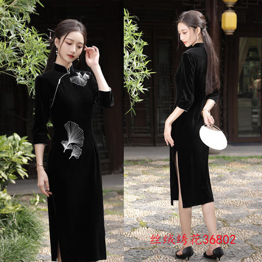 改良新中式丝绒，绣花七分袖旗袍GX-36802 商品图1