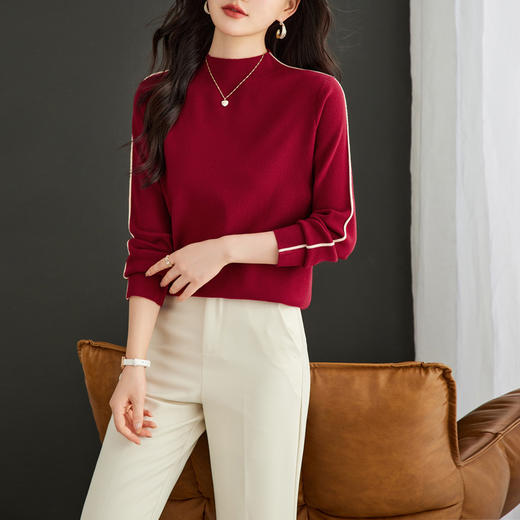 CC-16-9156时尚气质半高领毛衣女秋冬2024新款慵懒风针织上衣中领拼接打底衫 商品图1