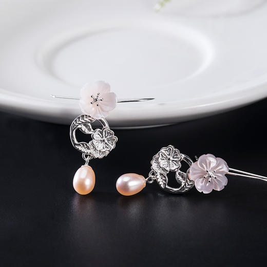 s925银古风贝壳樱花个性淡水珍珠耳环YM 商品图1