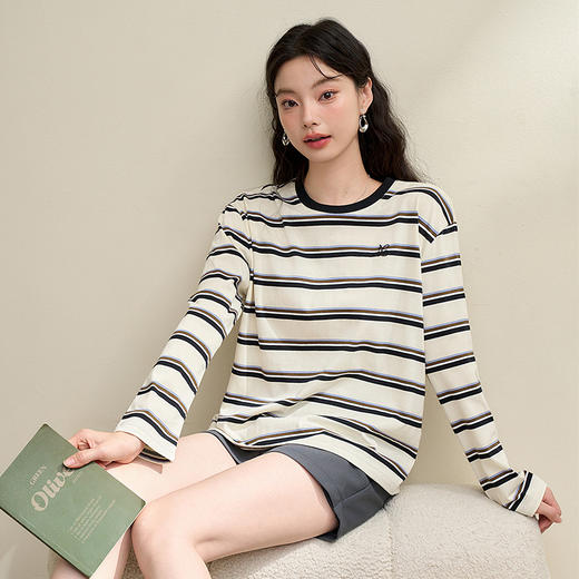 慵懒风复古条纹长袖T恤女秋季OVERSIZE圆领T恤V3642585 商品图2