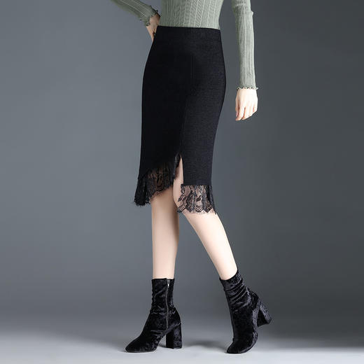 MYX-WM-68196-L中长款不规则黑色显瘦半身裙蕾丝拼接针织包臀裙秋冬款高腰一步裙 商品图1