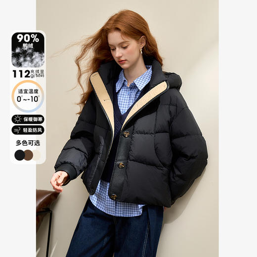 随性休闲简约拼接高级感连帽立领羽绒服女秋冬保暖外套V0043427 商品图0