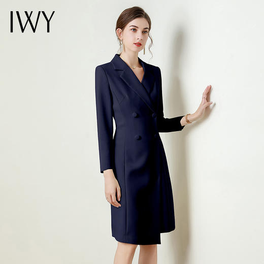 IWY/藏青色长袖西装连衣裙气质时尚通勤干练售楼部接待职业裙Q824 商品图2