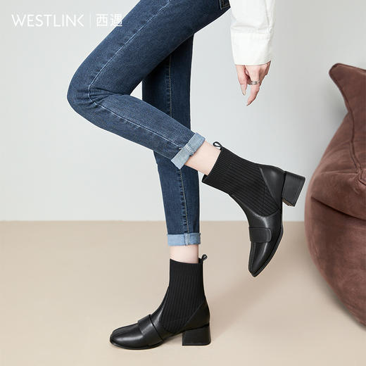 西遇法式瘦瘦靴女新款秋冬复古针织弹力袜靴方头粗跟黑色短靴V0047786 商品图2