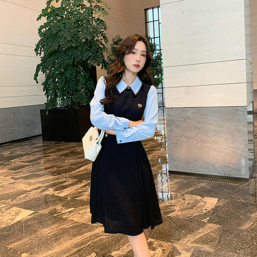 奢姿大码女装2024秋季假两件时尚学院风裙子胖妹妹气质翻领连衣裙9943890198 商品图0