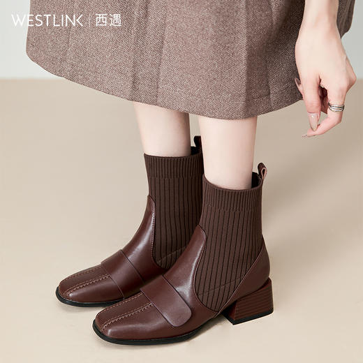 西遇法式瘦瘦靴女新款秋冬复古针织弹力袜靴方头粗跟黑色短靴V0047786 商品图1