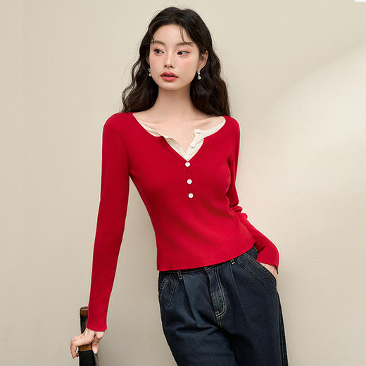 西遇假两件针织衫上衣女新款内搭修身短款长袖打底衫D3742579 商品图0