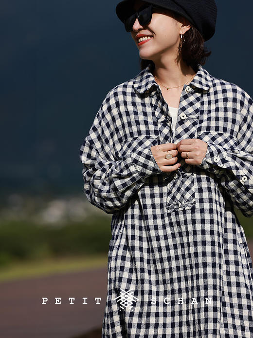 PETIT SCHAN小闪 CLO#602 Dancing together 共舞 日本进口羊毛亚麻棉一字盘扣格纹连衣裙 商品图0