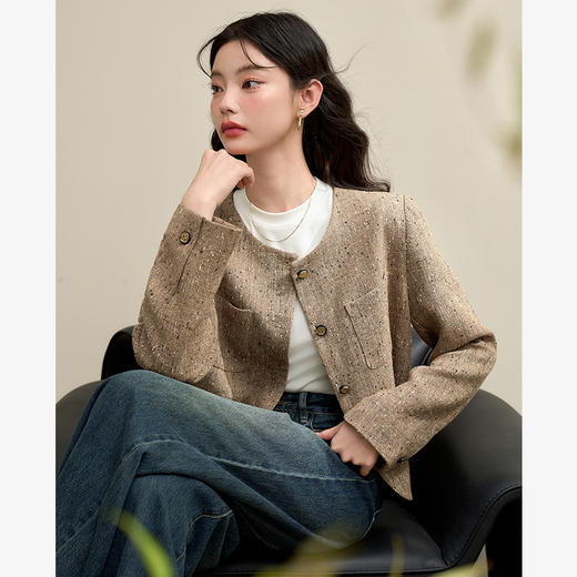 简约大方编织小香风外套女早春直筒圆领宽肩短款外套V3842704 商品图0