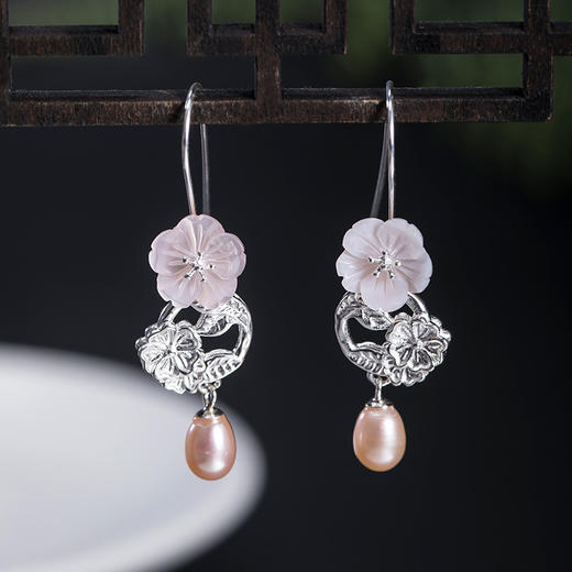 s925银古风贝壳樱花个性淡水珍珠耳环YM 商品图2