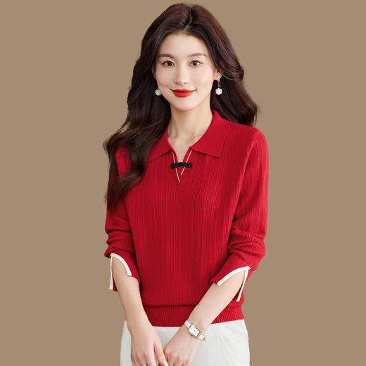 CC-66-5850翻领针织上衣女春秋宽松袖子开叉上衣polo领打底衫薄款毛衣 商品图0