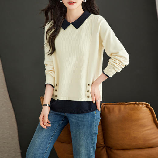 CC-16-9151娃娃领假两件毛衣针织衫女秋冬2024新款时尚拼接翻领打底衫遮肚子 商品图2