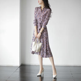 雀说 优雅碎花连衣裙女春秋新款法式复古高端大牌时尚长袖长裙4ZF-0733