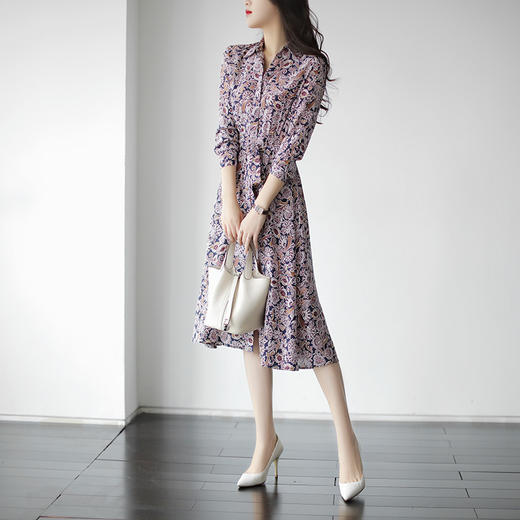 雀说 优雅碎花连衣裙女春秋新款法式复古高端大牌时尚长袖长裙4ZF-0733 商品图0