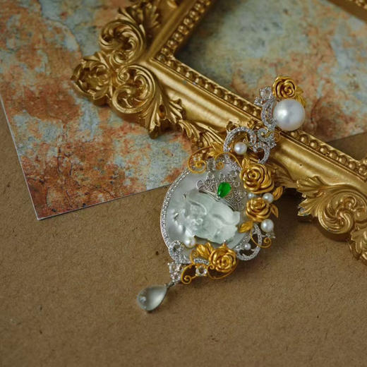 龢盒原创 高冰翡翠虎头蔷薇胸针吊坠耳环多用款 商品图2