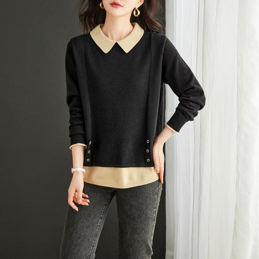 CC-16-9151娃娃领假两件毛衣针织衫女秋冬2024新款时尚拼接翻领打底衫遮肚子 商品图1