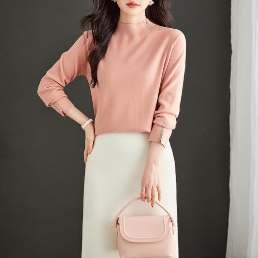 CC-16-9157时尚气质半高领针织女2024秋冬新款镶钻短款薄款显瘦毛衣打底衫 商品图1