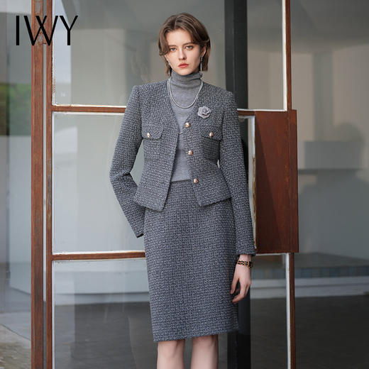 IWY/灰色长袖西装半裙职业工装遮腰显瘦轻熟风V领编织通勤干练套装CS2070 商品图0