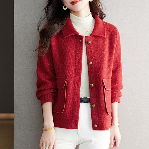 CC-XFY2195翻领亮丝大衣外套女短款秋装2024新款外搭休闲开衫春秋季加厚女装 商品图0