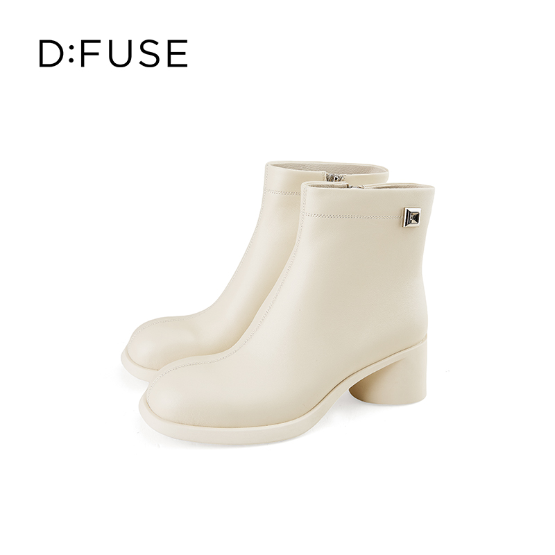 D:FUSE迪芙斯2024冬季新款经典真皮百搭通勤靴法式圆头增高粗跟短靴DF44116426