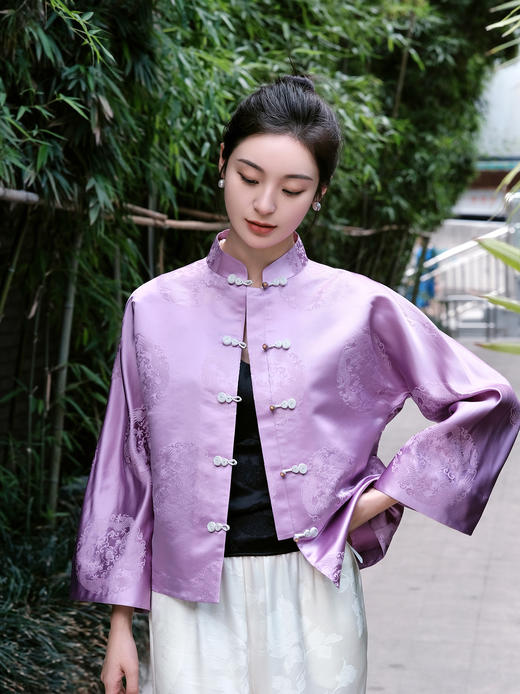 盛唐牡丹|丁香紫花蕾缎双龙团纹外套 商品图0