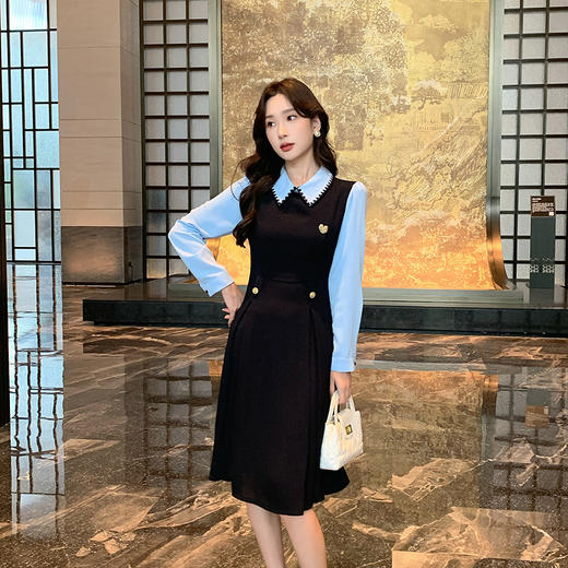 奢姿大码女装2024秋季假两件时尚学院风裙子胖妹妹气质翻领连衣裙9943890198 商品图2