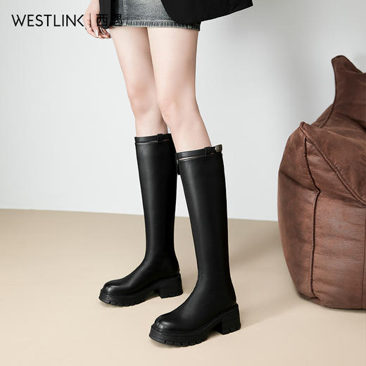 西遇高筒骑士靴女新款秋冬英伦风圆头长靴小个子厚底长筒靴V3947752 商品图3