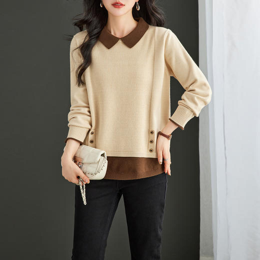 CC-16-9151娃娃领假两件毛衣针织衫女秋冬2024新款时尚拼接翻领打底衫遮肚子 商品图3