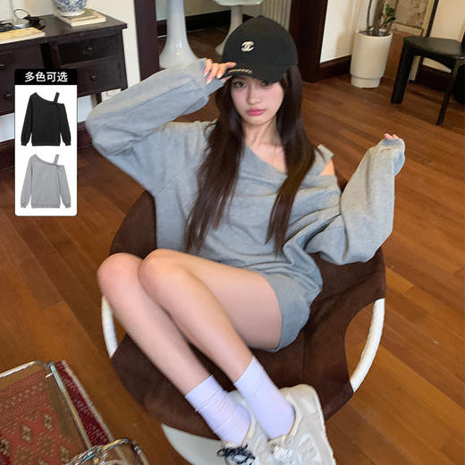 西遇斜肩灰色卫衣女秋季新款宽松套头小众长袖露肩慵懒上衣SS141054 商品图0