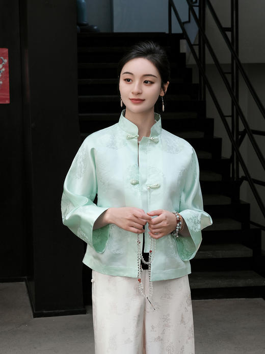 盛唐牡丹|山嵐綠花蕾缎双龙团纹外套 商品图0