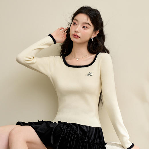 基础款通勤撞色长袖针织衫女秋季方圆领修身显瘦打底衫V3942611 商品图2