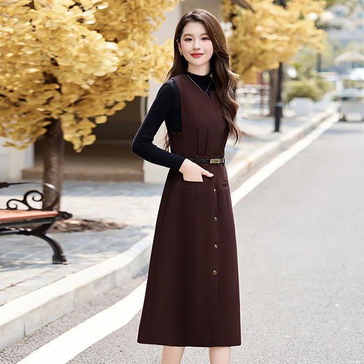 新款气质显瘦针织衫单排扣圆领系带背心裙两件套连衣裙XXM196-1 商品图2