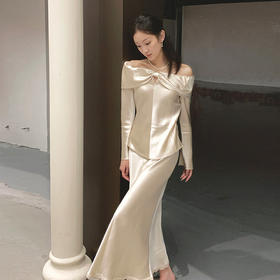 【顺丰包邮】99924 洛诗琳一字肩醋酸上衣醋酸羊毛钩花半裙两件套611