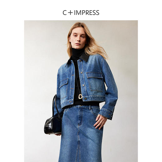 西嘉|高支长绒棉 解构丹宁箱型皮革翻领短外套/鱼尾伞裙牛仔裙女(WT2403052) 商品图0