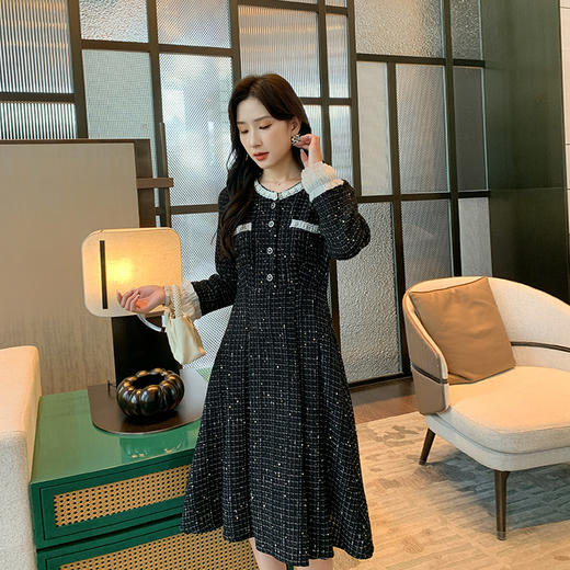 奢姿2025秋季新款大码女装撞色织带圆领裙子胖妹妹法式连衣裙9943853522 商品图1