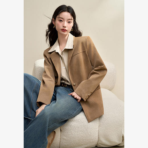 复古经典简约枪驳领宽肩西装外套女秋冬洗水哑光PU上衣V3642525 商品图0