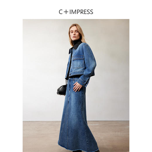 西嘉|高支长绒棉 解构丹宁箱型皮革翻领短外套/鱼尾伞裙牛仔裙女(WT2403052) 商品图3