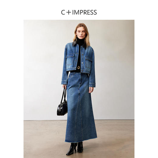 西嘉|高支长绒棉 解构丹宁箱型皮革翻领短外套/鱼尾伞裙牛仔裙女(WT2403052) 商品图2