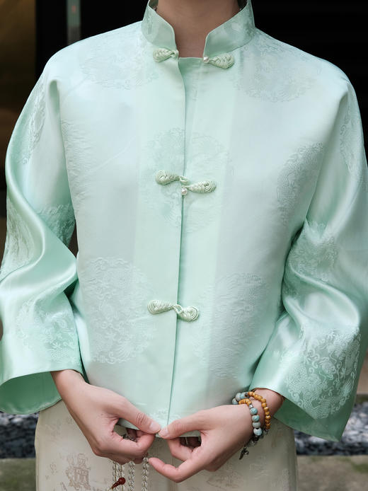 盛唐牡丹|山嵐綠花蕾缎双龙团纹外套 商品图1