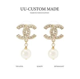*香奈儿浅金色*双排钻中号珍珠耳环雪梨同款   （XTY）