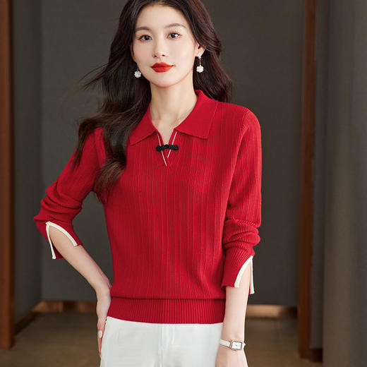 CC-66-5850翻领针织上衣女春秋宽松袖子开叉上衣polo领打底衫薄款毛衣 商品图2