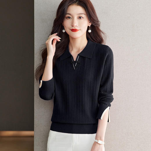 CC-66-5850翻领针织上衣女春秋宽松袖子开叉上衣polo领打底衫薄款毛衣 商品图3