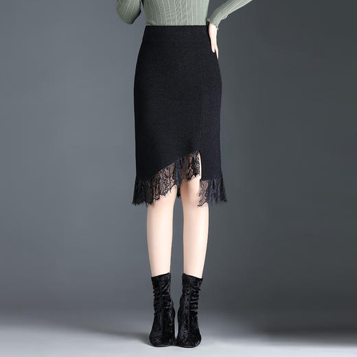 MYX-WM-68196-L中长款不规则黑色显瘦半身裙蕾丝拼接针织包臀裙秋冬款高腰一步裙 商品图0