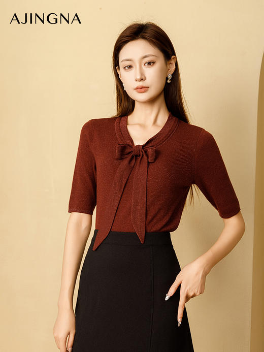 【商城同款】阿菁娜2024秋季新款飘带V领温柔气质毛衫A29Q301036 商品图2