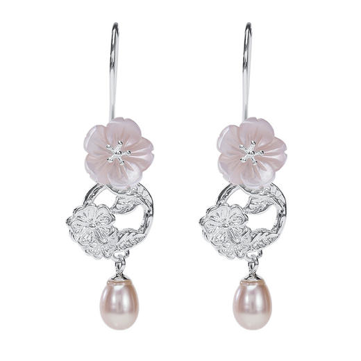 s925银古风贝壳樱花个性淡水珍珠耳环YM 商品图4