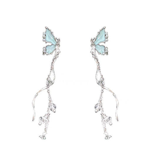 JU-122蓝色蝴蝶流苏长款珍珠耳环女2024新款小众设计感气质耳钉爆款耳饰 商品图4