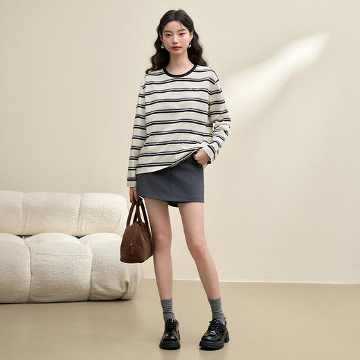 慵懒风复古条纹长袖T恤女秋季OVERSIZE圆领T恤V3642585 商品图1