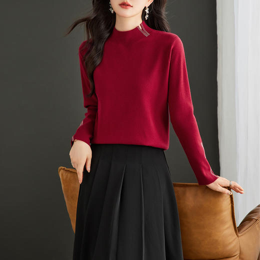 CC-16-9157时尚气质半高领针织女2024秋冬新款镶钻短款薄款显瘦毛衣打底衫 商品图0