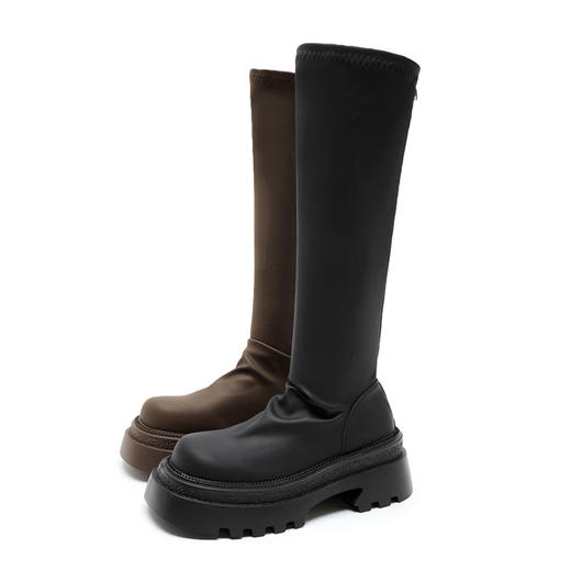 西遇增高长筒骑士靴女新款秋冬小个子法式不过膝厚底高靴黑色长靴V3747764 商品图4